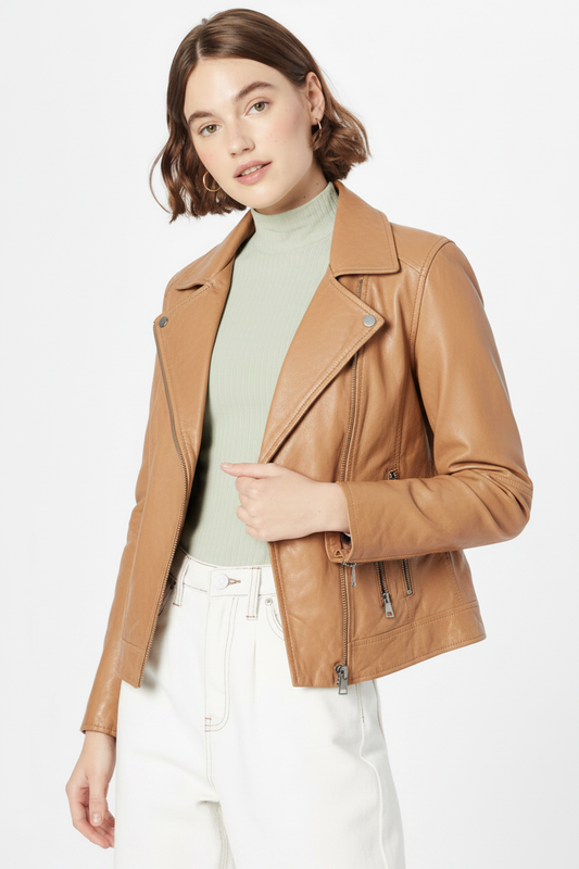 Tan Camel Leather Biker Jacket White Studio