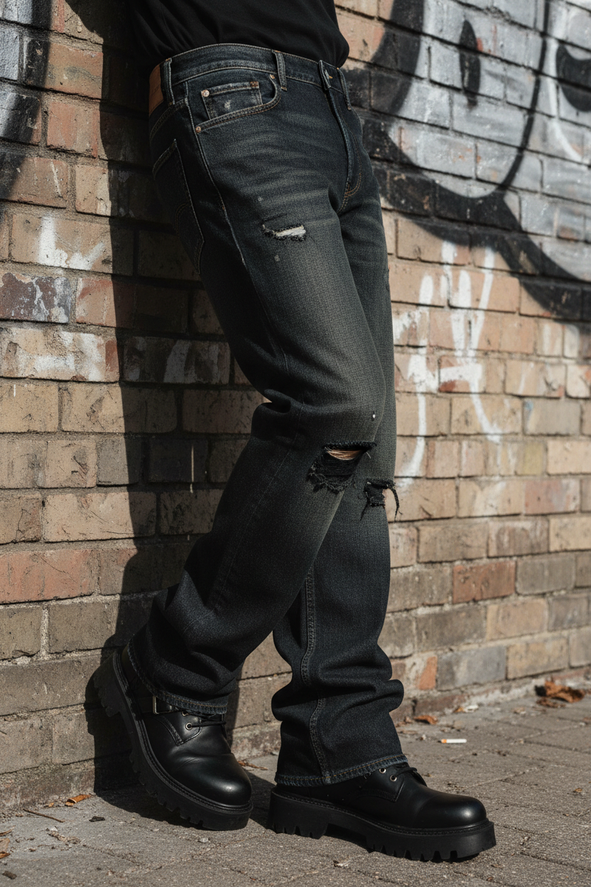 Men's Dark Wash Baggy Jeans Bottom Shot