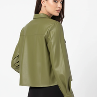 Olive Green Vegan Leather Shirt Back Angle