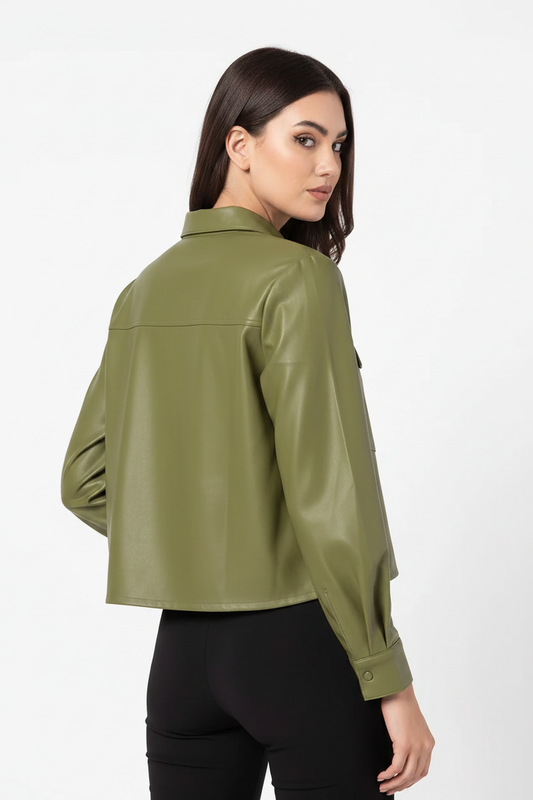 Olive Green Vegan Leather Shirt Back Angle