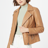 Tan Camel Leather Biker Jacket White Studio