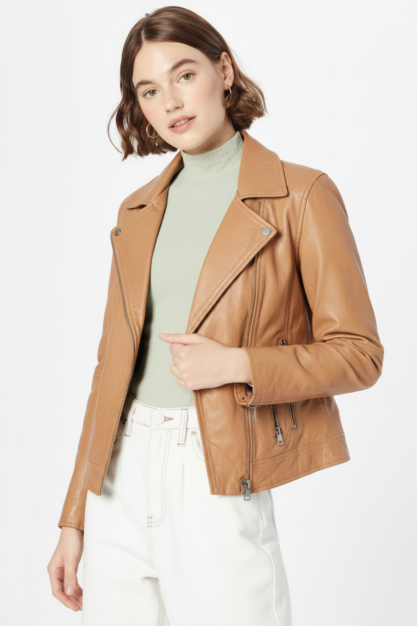 Tan Camel Leather Biker Jacket White Studio